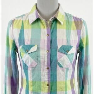 Great Northwest Indigo Button Up Shirt Size M Green Purple Plaid 100% Cotton